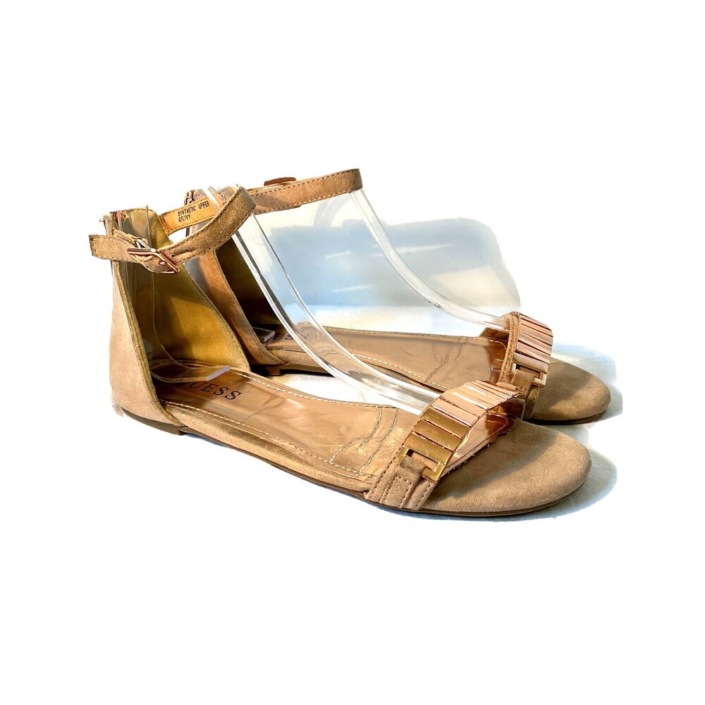 Guess Women's Beige Sandals With Ankle Straps & Gold Metallic Bars Size 7.5